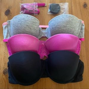 3 Bra Bundle 32b Victoria’s Secret Pink Gray Black Strapless Push-up Pushup Lot
